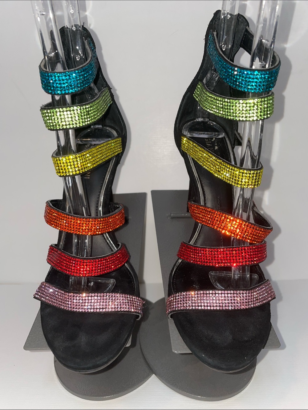 Gianni Bini Black Strappy High Heel Sandal with Multicolor Crystal Straps - Sz 7
